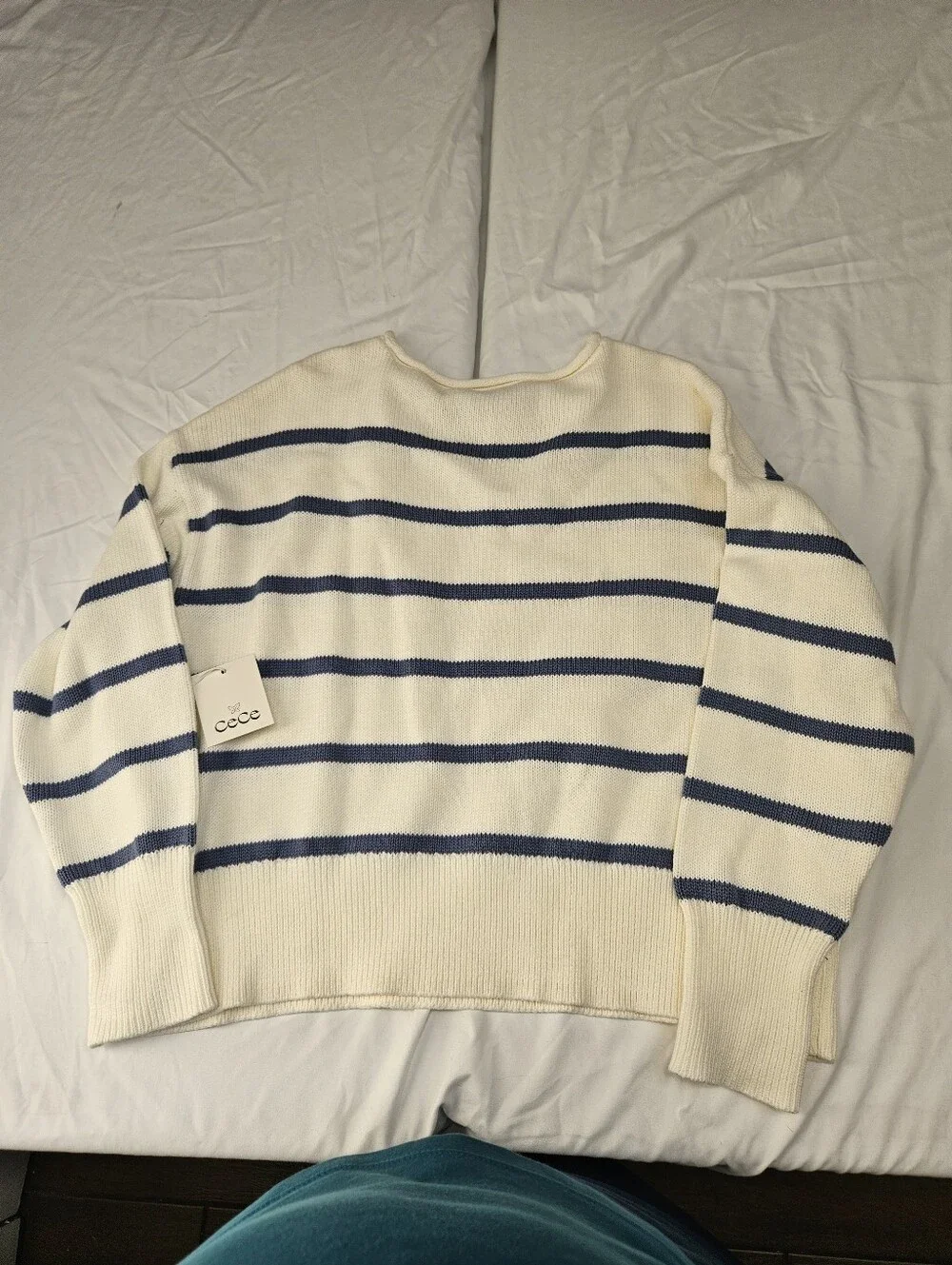 Cece Cream and Periwinkle Blue Striped Crewneck Sweater